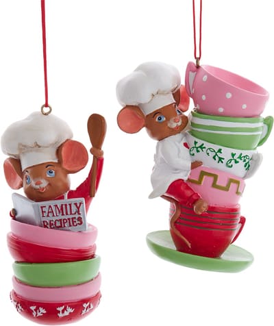 Kurt S. Adler Kerstornament - Muisjes in de Keuken - set van 2 - roze rood groen - 8cm