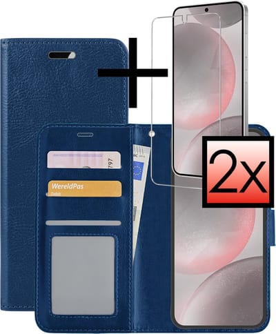 Hoesje - Met 2x Screenprotector - Geschikt voor Samsung Galaxy S24 - Luxe Pasjeshouder - Bookcase Portemonee - Flip Case - Kunstleer Book Case - Flipcase Hoes - Book Cover - Walletcase - Portemonneehoes - Donkerblauw