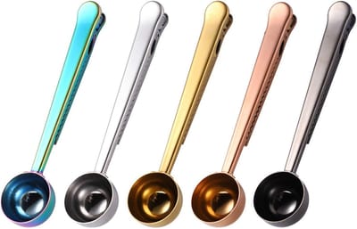 Daity 5-delige - koffielepel- en clipset - 2-in-1 roestvrijstalen koffiemaatlepel met afsluitclip - Kitchen Craft lange steel lepelzakclip - geschikt voor koffie - melkpoeder - havermout - thee - kruiden - meerkleurig