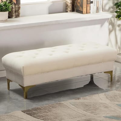 Opbergbank Fluweel - Poef Bankje - Extra Zitplaats - Verborgen Opbergruimte - 60x45x45 cm - Beige