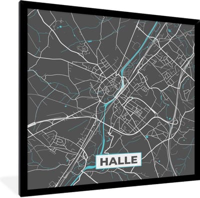 Fotolijst incl. Poster - België – Halle – Stadskaart – Kaart – Blauw – Plattegrond - 40x40 cm - Posterlijst