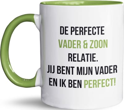 NietMokken.nl - Grappige mok - De perfecte vader & zoon relatie - Geweldig Vaderdagcadeau - Beide zijden bedrukt - Vaatwasser- en magnetronbestendig - Leuke beker als cadeau - Groen