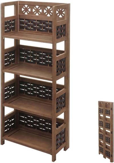 Plank MCW-K86, staande plank, woonkamerplank, opvouwbaar 4 planken, hout 110cm ~ donkerbruin, vlechtwerk donkerbruin