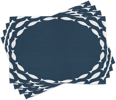 ABAKUHAUS marineblauwe placematten, oceaan-marine-viscirkel, digitaal bedrukt, antislip stoffen tafeldecoratie voor in de keuken, marineblauw en wit