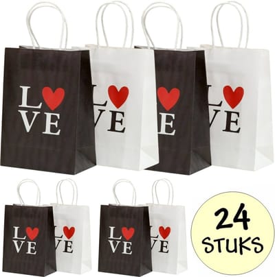 24x Papieren Uitdeeltasjes Love - 15x8x21cm - Stevig Papier - Traktatie Zakjes - Papieren Tasjes - Cadeau Zakjes - Uitdeelzakjes - 2 Verschillende Kleuren - Kraftpapier - 24 Stuks
