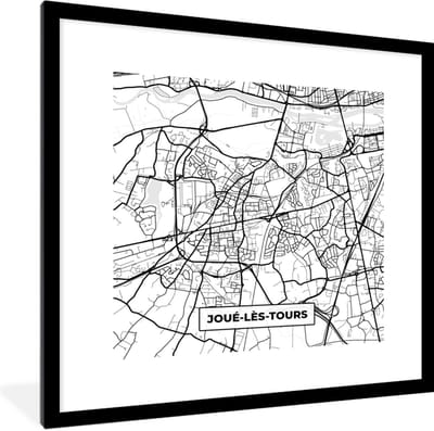 Fotolijst incl. Poster Zwart Wit- Frankrijk - Joué-lès-Tours - Plattegrond - Stadskaart - Kaart - Zwart wit - 40x40 cm - Posterlijst