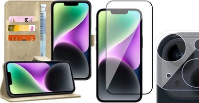 Hoesje geschikt voor iPhone 14 Plus - Book Case Kunstleer Wallet Cover Portemonnee Pasjeshouder Hoes Goud - Full Tempered Glass Screenprotector - Camera Lens Protector
