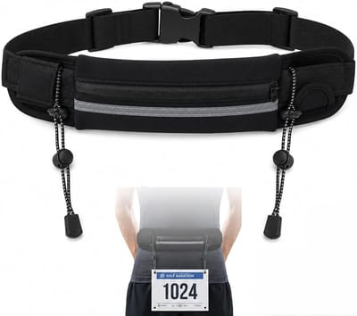 Verstelbare zwarte hardloopriem met startnummerhouder en 6 opberglussen, ultralicht en elastisch sportaccessoire voor joggen en fitness