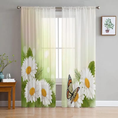 Witte Bloem Chrysant Vlinder Vitrages voor Slaapkamer Woonkamer Voile Gordijnen Tule Gordijnen voor Kinderkamer 135W x 114H(cm) white