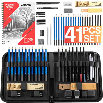 ACROPAQ Premium Schetspotloden Set – 41-delig Tekenpotloden Set, Hoogwaardige Grafietpotloden & Houtskoolpotloden, Nylon Etui, Schetsboek, Gummen, Potloodverlenger, Schuurpapier, Doezelaars – Tekenset
