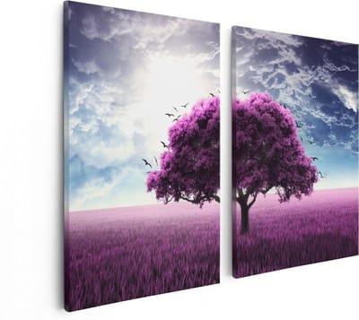Artaza Canvas Schilderij Tweeluik Paarse Boom In Het Paars Veld Met Vogels - 80x60 - Foto Op Canvas - Canvas Print