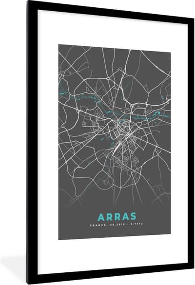 Fotolijst incl. Poster - Frankrijk - Kaart - Arras - Plattegrond - Stadskaart - 80x120 cm - Posterlijst