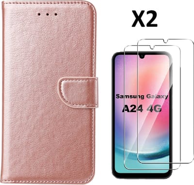 Hoesje Geschikt Voor Samsung Galaxy A24 hoesje bookcase portemonnee Met 2x screenprotector / Beschermglas - Rosegoud