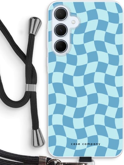 Case Company® - Hoesje met koord geschikt voor Samsung Galaxy A35 hoesje met Koord - Grid Blauw - Telefoonhoesje met Zwart Koord - Bescherming aan alle Kanten en Over de Schermrand