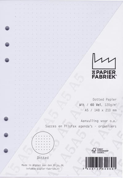 Aanvulling / Navulling Dotted 120g/m² Wit Papier voor A5 Filofax of Kalpa Planner 60 Vel = 120 pagina's