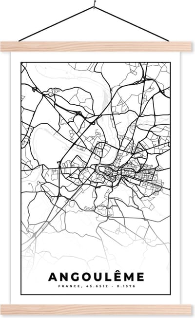 Posterhanger incl. Poster 40x60 cm - Schoolplaat - Plattegrond – Kaart – Angoulême - Frankrijk – Stadskaart - Zwart wit - Textielposter - Blanke latten - Stadskaart