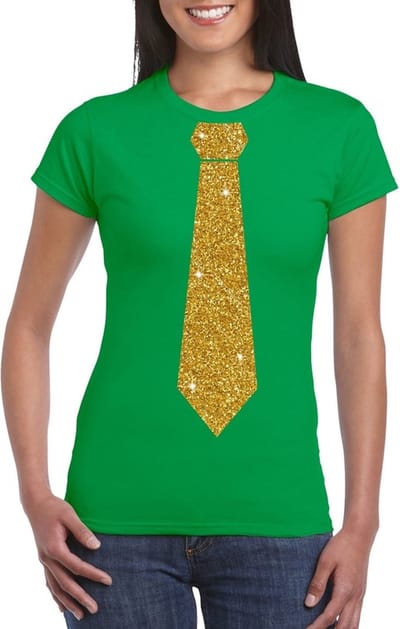 Groen fun verkleed t-shirt - met stropdas - in glitter goud - dames - korte mouwen S