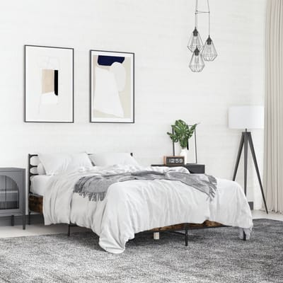 vidaXL - Bedframe - bewerkt - hout - metaal - gerookt - eikenkleurig - 135x190 - cm