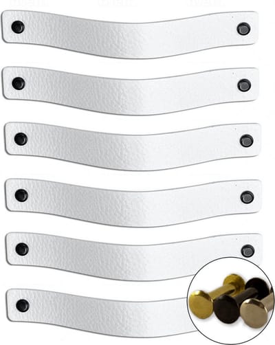 Leren handgrepen - Wit - 6 stuks - 20,0 x 2,5 cm - incl. 3 kleuren schroeven - Witte Handgrepen leer - Leren meubelgreep - Leren handvaten kast - Leren lus - Handgreep kast leer - Leren greepjes - Handvat leer - Leren deurgreep - Leren handgreep