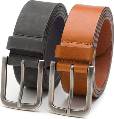 DTCH.FIT Herenriemen Nubuck Jaxx & Leer Mason - Riem Blauw/Grijs & Cognac - Jeans Broekriem - Riemmaat 85cm - Totale lengte 100cm - 2 Stuks