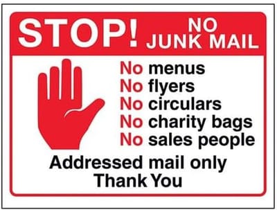 Stop Hand Geen Junk - Geadresseerde Mail - Post Sorteren - Duidelijke Melding - 200mm x 150mm - Rood