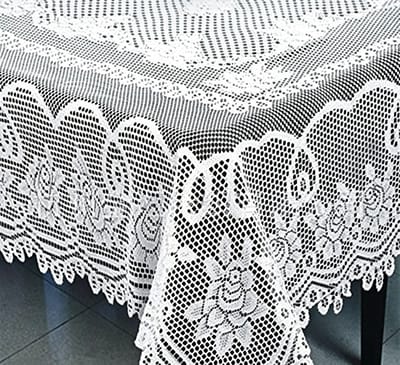 Wit tafelkleed van polyester met bloemenmotief en kant, 152 x 228 cm