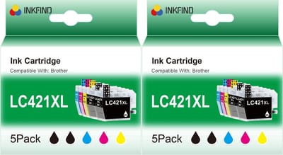 INKFIND LC421XL inktcartridges voor BrotherLC421 BrotherLC421XL Brother LC421XL LC421 Multipack van 10 stuks (2 x 5pack= 4 x Zwart, 2 x Cyaan, 2 x Magenta, 2 x Geel) geschikt voor Brother DCP J1140DW J1050DW J1800DW MFC J1010DW