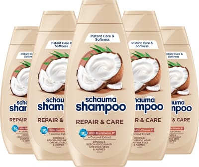 Schauma Shampoo Repair & Care - Haarverzorging - Gezond, Hersteld en Glanzend Haar - Kokosextract - Voor Droog en Beschadigd Haar - Voordeelverpakking - 5x 400ml
