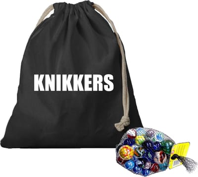 Canvas knikkers opbergzakje - zwart - bedrukt met tekst knikkers - en 1 kilo knikkers en bonken - Knikkerspel