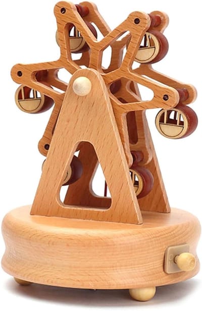Houten Muziekdoos - Draaiende Decoratie - Kinderen Vrolijk Maken - Verschillende Thema's - Hoogte 13-18 cm - Houtkleur