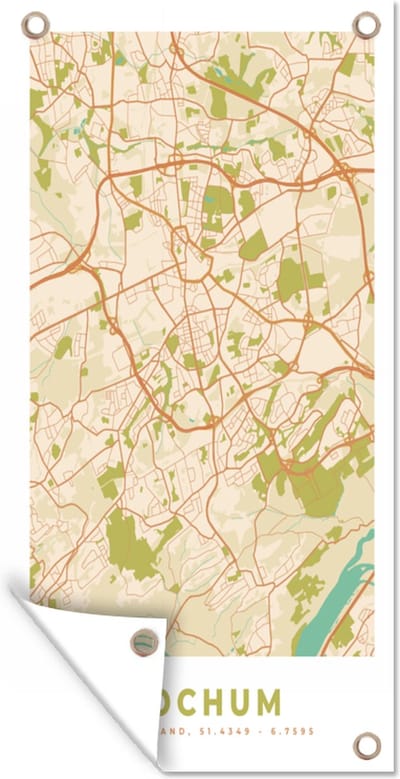 Schuttingposter Plattegrond - Bochum - Kaart - Vintage - Stadskaart - 100x200 cm - Tuindoek
