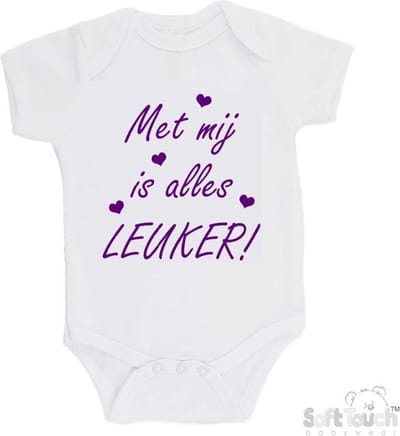 100% katoenen Romper "Met mij is alles LEUKER!" Meisjes Katoen Wit/paars Maat 62/68