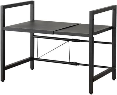 MODFU Uitschuifbaar Magnetronrek 40-63×36.5×46 cm – Keukenrek met 6 Haken – Ruimtebesparende Opbergrek voor Aanrecht – Stevig Koolstofstaal – Zonder Boren – Zwart