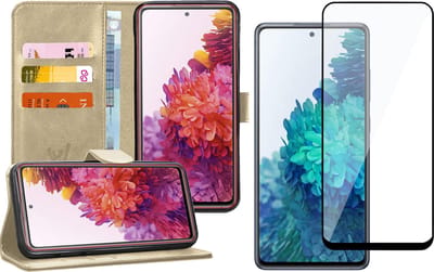 Hoesje geschikt voor Samsung Galaxy S20 FE - Screen Protector FullGuard - Book Case Kunstleer Pasjeshouder Goud & Screenprotector