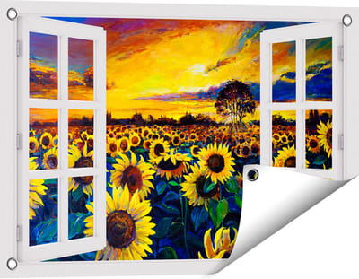 Gards Tuinposter Doorkijk Getekende Zonnebloemen Veld met Olieverf - 60x40 cm - Tuindoek - Tuindecoratie - Wanddecoratie buiten - Tuinschilderij