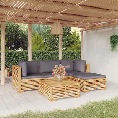 vidaXL - 5-delige - Loungeset - met - kussens - massief - teakhout