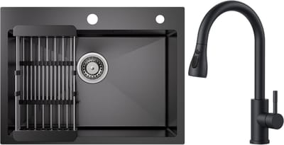 CECIPA max Spoelbak Keuken 60x45 cm - Spoelbakken Met Keukenkraan Met Uittrekbare Uitloop Zwart - Multifunctionele Spoelbak -Spoelbakken met afdruip - Wasbak met waterafvoersysteem