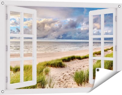 Gards Tuinposter Doorkijk Strand en Duinen met Bewolking - 90x60 cm - Tuindoek - Tuindecoratie - Wanddecoratie buiten - Tuinschilderij