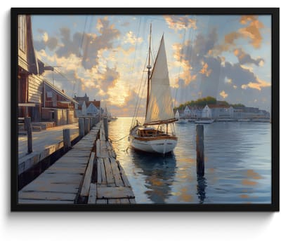 Poster in lijst - Fotolijst 70x50 cm - Posters - Zeilboot - Zon - Pier - Hout - Posterlijst zwart - Decoratie - Wanddecoratie woonkamer - Muurdecoratie slaapkamer