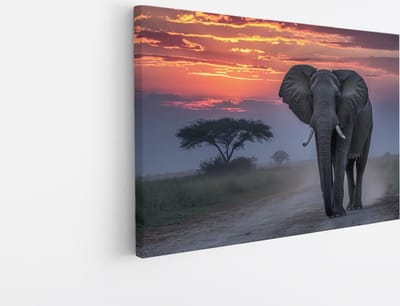Saammp Canvas Schilderij - Olifant in de Serangeti in de zonsondergang- Natuur - Dieren - 45x30 - Foto op canvas - Wanddecoratie - Muurdecoratie Woonkamer - Slaapkamer decoratie - Canvas Print