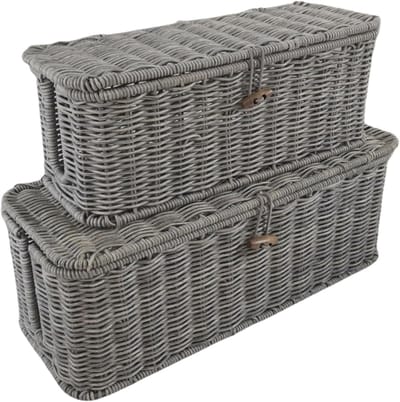 Kabelbox Opbergdoos - Kabel Organizer - Kabelbeheer Thuis - Handgeweven Rotan - Set van 2 - Grijs