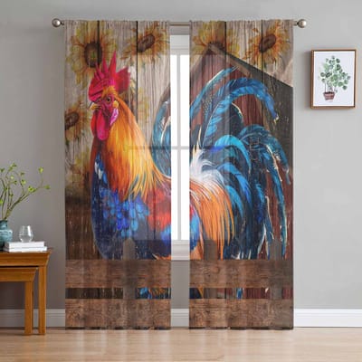 Rooster Zonnebloem Boerderij Raam Tule Gordijnen voor Woonkamer Slaapkamer Hotel Luxe Decoratie Transparante Gordijnen 135W x 114H(cm) black