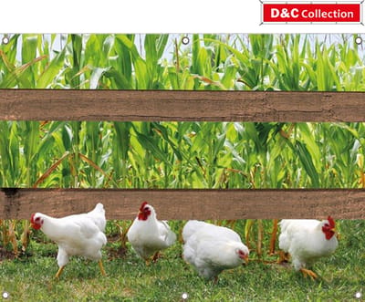 Kippenposter - 130x95 cm - tuinposter met witte kippen - tuindoek - landschapsposter - tuindecoratie - wanddecoratie - omgezoomd met 6 ringen