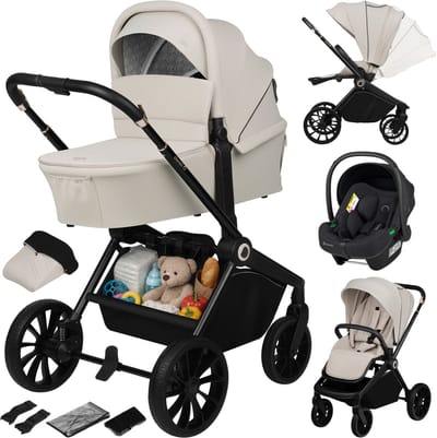 Lionelo Mika Plus - Kinderwagen 3in1 - XXL SET - incl. i-Size autostoel - Veelzijdig en jaarrond - Grote wielen - tot 22kg - Bediening met een hand - Voor alle soorten terrein - Accessoireset