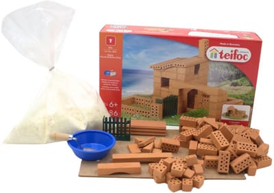 Teifoc® Bouwdoos – Huis / Finca Bouwset – 86 onderdelen – Echte mini Bakstenen met Cement, Kom en Troffel – Bouwpakket voor kinderen vanaf 6 jaar