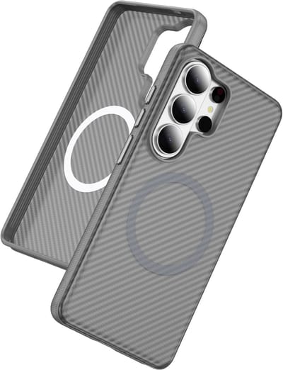 Casemania Hoesje Geschikt voor Samsung Galaxy S26 Ultra - Grijs - Magnetishce Back Cover met Carbon Fiber Print - Bescherming Telefoonhoesje Geschikt voor MagSafe