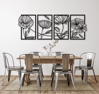 Metalen Wanddecoratie Klaprozen – 3D Wandkunst – Zwart – 84 x 50 cm