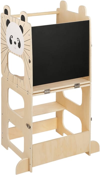 PIPIPOXER-2-in-1 houten leertoren voor kinderen met schoolbordpedaal en veiligheidsbeugel, voor badkamers en keukens. A
