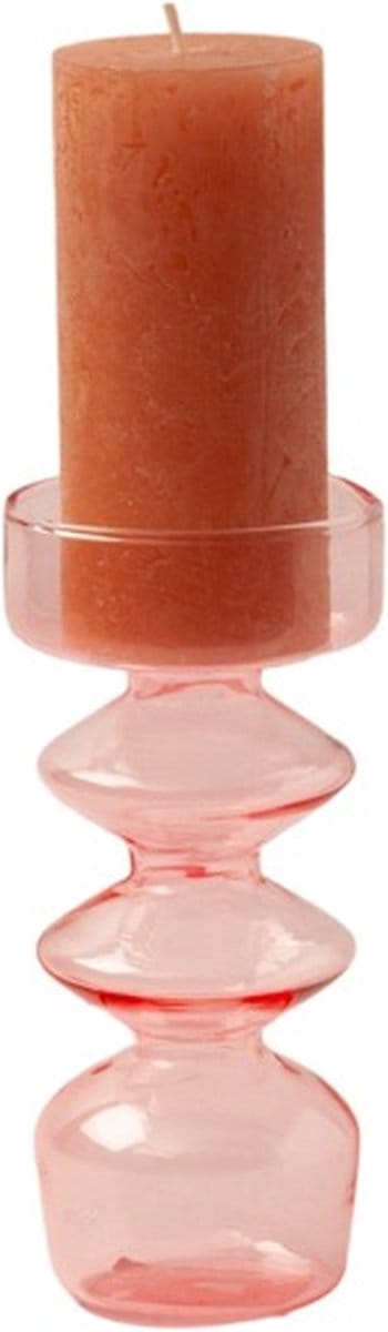 WinQ – Vrolijke ronde vormen Glas Kaarsenhouder in de kleur zacht Roze - 7x15,5cm- Kaarsenstandaard glas voor 1 kaars – Decoratie woonkamer – Geschikt voor kaars d:7cm