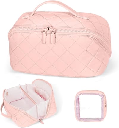 Make-up Tas voor Vrouwen, Cosmetica Organizer, Draagbare Toilettas met Grote Capaciteit en Doorzichtige Compartimenten, Ideaal voor Reizen (Roze)